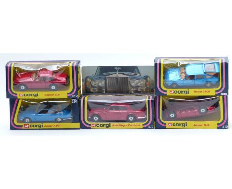 Five Corgi Toys diecast model cars Rolls-Royce Corniche 279, Jaguar XJ12C 286, Jaguar XJS 319 x2 and Rover 3500, all in origi