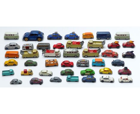 Forty-four Corgi, Dinky, Matchbox and similar diecast model Volkswagen vehicles including Safari VW 1200 Saloon, Corgi Racing