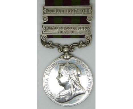 British Army India Medal with clasps for Punjab Frontier 1897-98 and Tirah 1897-98, named to 3632 Pte C Wyatt Duke of Cornwal