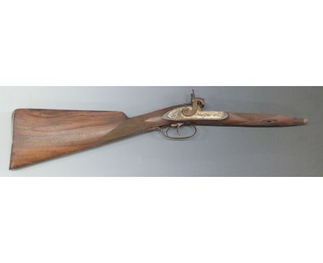 A Waites side by side percussion hammer action shotgun gun stock and action with named and engraved lock, engraved hammers, t