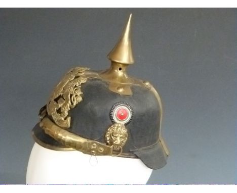 German / Bavarian Army 19thC black leather pickelhaube helmet complete with scales chin strap and leather and cloth liner