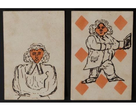 Two single hand drawn transformation English playing cards being ace of hearts and eight of diamonds together with note of pr