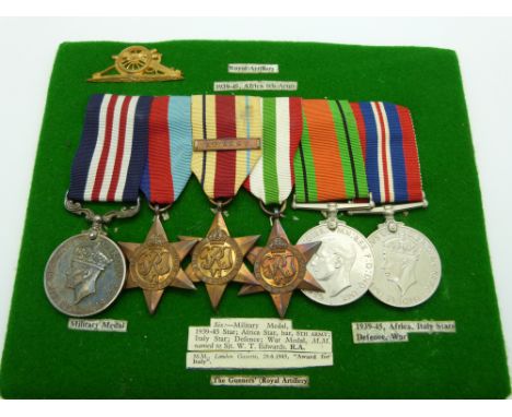 British Army WWII Royal Artillery medal group comprising the Military Medal, 1939/1945 Star, Africa Star with 8th Army clasp,