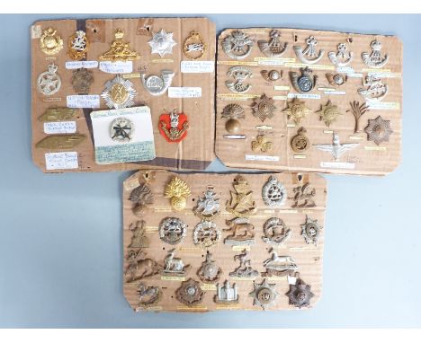 British Army collection of cap badges including School of Small Arms, Royal Devon Militia, Royal Warwickshire Regiment, Welsh
