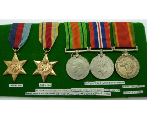 British Army WWII medals comprising the 1939/1945 Star, the Africa Star, War Medal, Defence Medal and Africa Service Medal, n