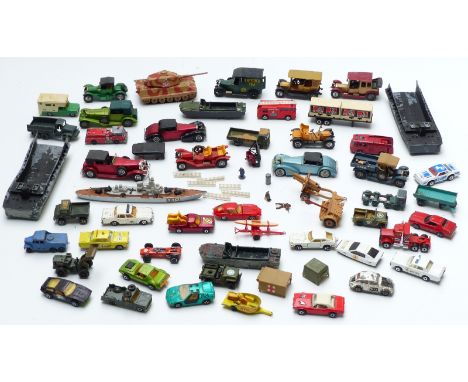 Fifty Corgi, Matchbox and similar diecast model vehicles including ships, tanks etc&nbsp;