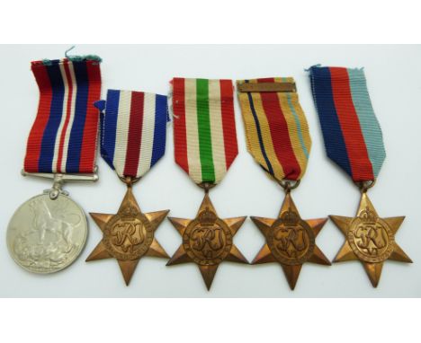British Army WWII medals comprising the 1939-45 Star, France &amp; Germany Star, Italy Star, Africa Star with 8th Army clasp 