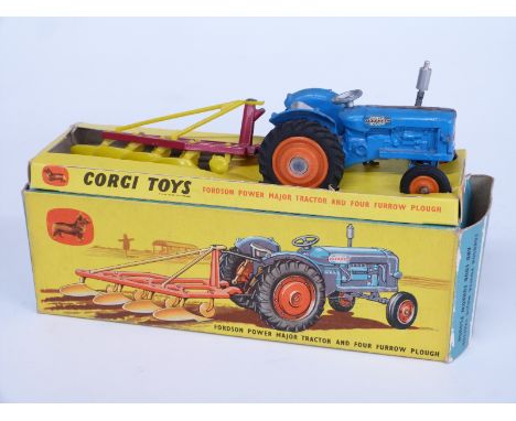 Corgi Toys diecast model Gift Set 18 Fordson Power Major Tractor And Four Furrow Plough with blue body, orange hubs and red a