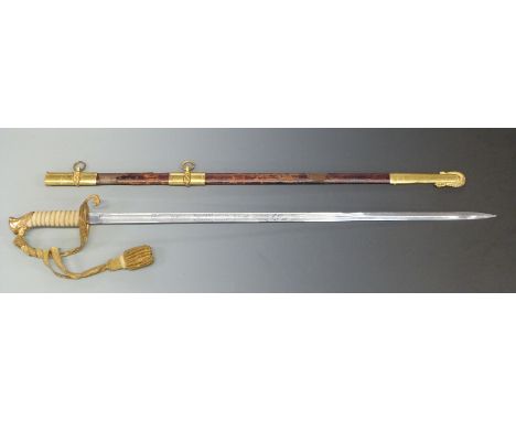 Armenian naval officer's sword with brass hilt, shagreen grip and etched 76cm blade marked USN, Japan Sword Co and L.P Ritten