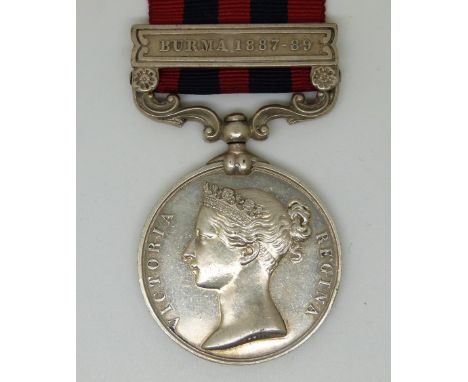 British Army India General Service Medal 1854, with clasp for Burma 1887-89, named to 2758 Pte C H Milsom Oxfordshire Light I