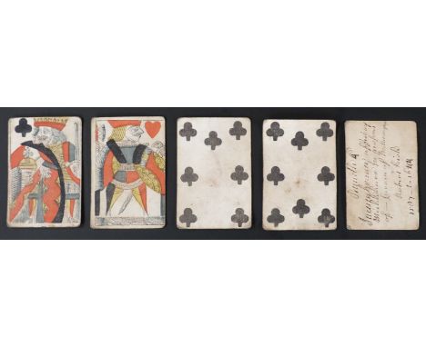 Five playing cards with secondary use game or quiz writing on backs, comprising 7, 8, 9, King of clubs and Jack of hearts.  K