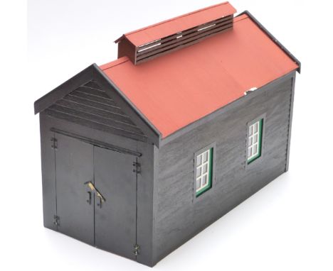A scratch-built garden railway engine shed, 43cm long