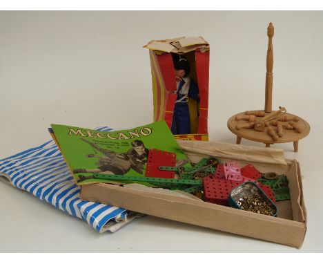 A small collection of Meccano parts together with a Pelham Puppet in original box, inflatable child's boat and a game of bar 