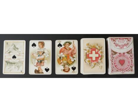 Dondorf, Frankfurt, Germany playing cards. Swiss Costumes no. 174. Backs with Swiss flag and edelweiss. 52 cards in slip case