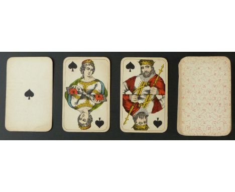 S. Salomon & Co, Copenhagen, Denmark playing cards. Standard double ended courts, round corners, no indices. Backs with pink 