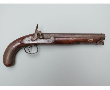 Westley Richards 30 bore percussion hammer action holster or duelling pistol with named and engraved lock, engraved hammer an