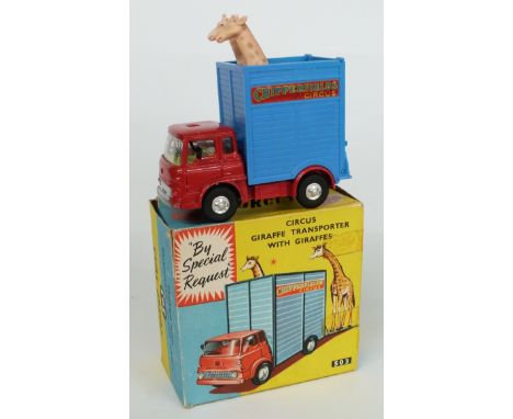 Corgi Toys diecast model Circus Giraffe Transporter With Giraffes with red body, lemon interior, blue crate, Chipperfields Ci