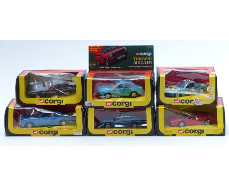 Six Corgi diecast model cars Triumph Acclaim 276 x2, Rolls-Royce Corniche 279, Ferrari 308 GTS 298, Fiat X1-9 306 and Superca