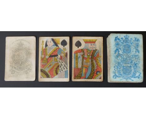 De La Rue & Co, England playing cards. Old Frizzle ace. Standard double ended courts. Unturned.  Grey patterned backs. 52 car