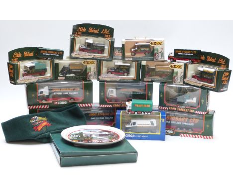 Fifteen Corgi and Lledo Eddie Stobart diecast model vehicles together with a small matching hat and plate, most in original b