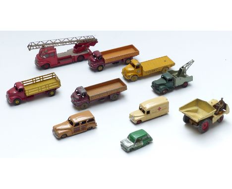 Ten Dinky Toys diecast mode commercial vehicles including fire engine, ambulance, Portland Cement Leyland Comet, Big Bedford 