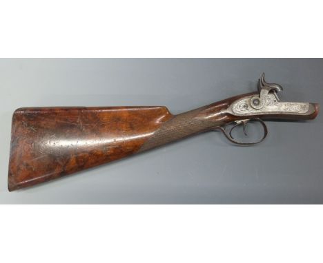 John Manton &amp; Son side by side percussion hammer action sporting gun stock and action with finely engraved locks, stylise