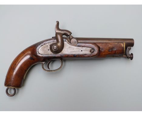 Percussion hammer action Constabulary customs pistol with brass trigger guard and mounts, captive ram-rod, belt loop and 6 in