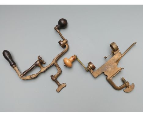 Two continental shotgun cartridge reloading rollover tools one 12 bore and one 16 bore stamped 'Prends Le Vent Vogue La Galer
