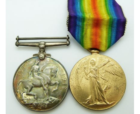 British Army WWI medals, comprising War Medal and Victory Medal, named to 27026 Private J H Haldren, Lancashire Fusilers