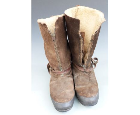 Royal Air Force WWII near pair of leather flying boots by Itshide, Petersfield, England, one boot with broad arrow to zip fas