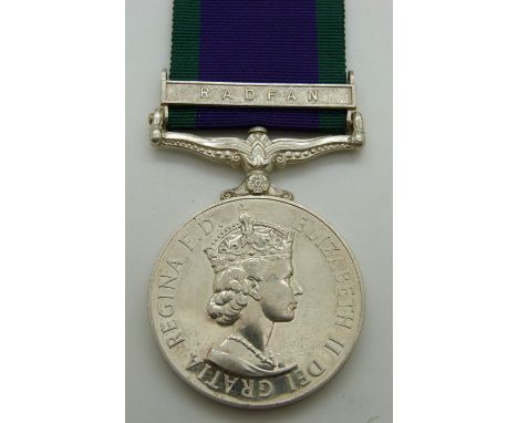 British Army General Service Medal (1962-2007) with clasp for Radfan, named to 23875449 TPR A S White, 16/5 Lancers