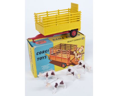 Corgi Toys diecast model Beast Carrier with yellow body, red chassis and hubs and four cows 58, in original box.&nbsp;