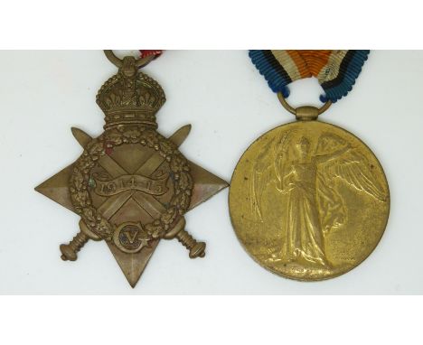 British Army WWI medals comprising 1914/1915 Star and Victory Medal named to 8439 Gunner A J&nbsp; Watson, Royal Marines Arti