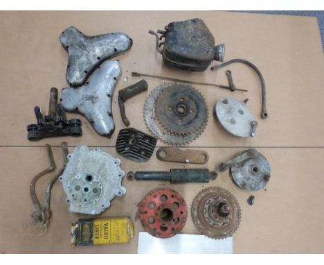 A quantity of motorcycle parts including JAP crankcases, BSA timing cases, hubs, Ariel Arrow parts etc