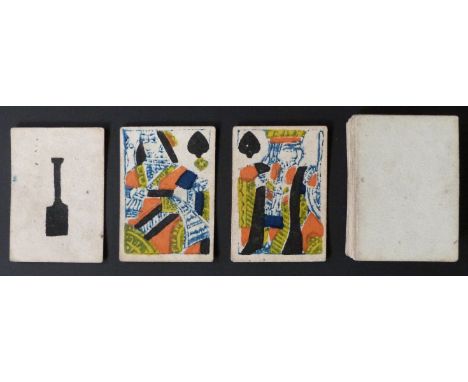 English small format ‘toy’ playing cards 56 x 40mm. Ace of Spades is a garden spade. Standard full length courts.  Plain back