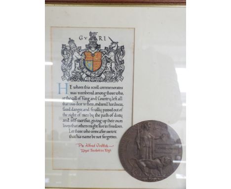 British Army WWI framed memorial plaque and scroll for Alfred Griffith Royal Berkshire Regiment