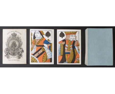 Hall & Bancks, England playing cards. Old Frizzle ace. Standard full length courts. Plain blue backs. 52 cards. c1830