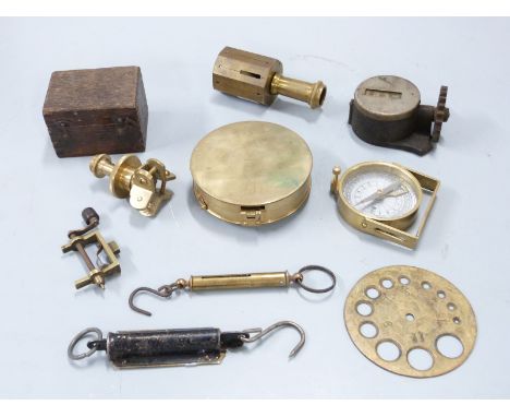 Stanley sighting compass, revolution or similar counter, spring balances etc