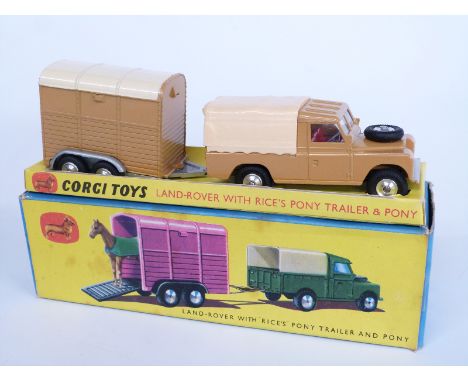 Corgi Toys diecast model Gift Set 2 Land-Rover With “Rice’s” Pony Trailer And Pony, with light brown second type Series 2 Lan