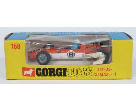 Corgi Toys diecast model Lotus Climax F/1 with two-tone orange and white body and racing number 8 158, in original box&nbsp;