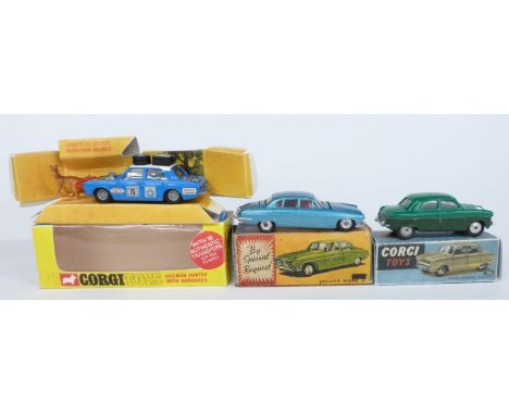 Three Corgi Toys diecast model cars comprising Ford Consul Saloon with two-tone green body 200, Jaguar Mark X with blue body 