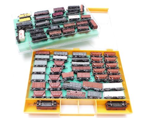 Sixty-four Peco, Graham Farish and similar N gauge wagons, vans and tankers including BP, N Gauge Society etc&nbsp;