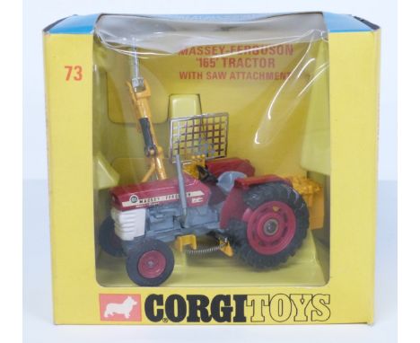 Corgi Toys diecast model Massey-Ferguson '165' Tractor With Saw Attachment with red body and hubs and yellow attachments 73, 