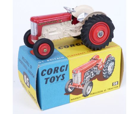 Corgi Toys diecast model Massey-Ferguson 65 Tractor with red and cream body and red hubs 50, in original box with card insert