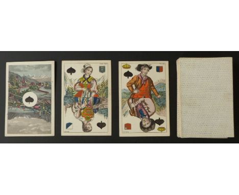 C.L.Wust, Frankfurt, Germany playing cards. Swiss Cantons pack with scenic aces and courts dressed in regional costumes. Blue