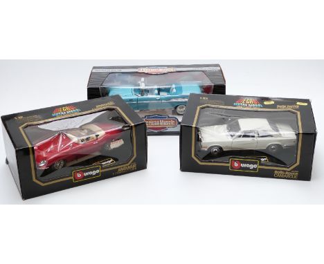 Three Burago and ERTL 1:18 scale diecast model vehicles comprising American Muscle 1957 Chevy Bel Air, Rolls-Royce Camargue a