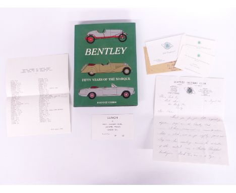 W O Bentley signed Bentley Driver's Club dinner menu signed by W O Bentley, with letter relating to the dinner, affixed into 