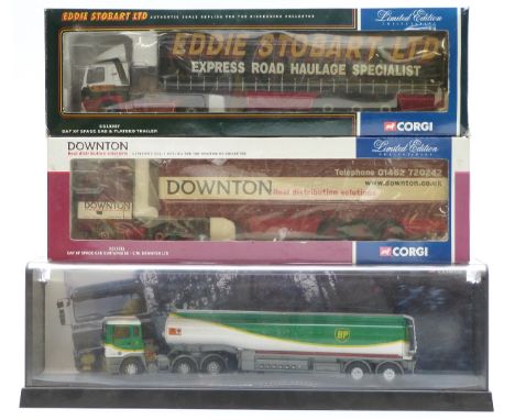 Three Corgi 1:50 scale diecast model lorries Eddie Stobart DAF XF Space Cab and Trailer CC13207, Downton DAF XF Curtainside C