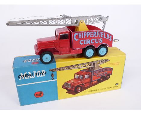 Corgi Major Toys diecast model Chipperfield's Circus Crane Truck with red body, blue hubs and lettering and yellow crane moun