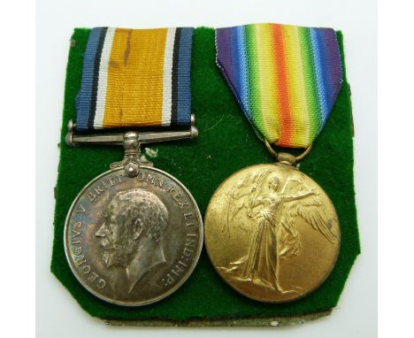 British Army WWI medals comprising the War Medal and Victory Medal, named to 225627 Pte W J Hollister, Army Service Corps